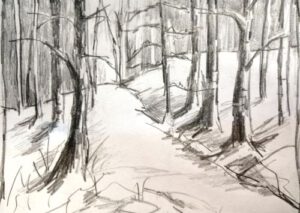 Eine Tonwertskizze von einem verschneiten Waldweg