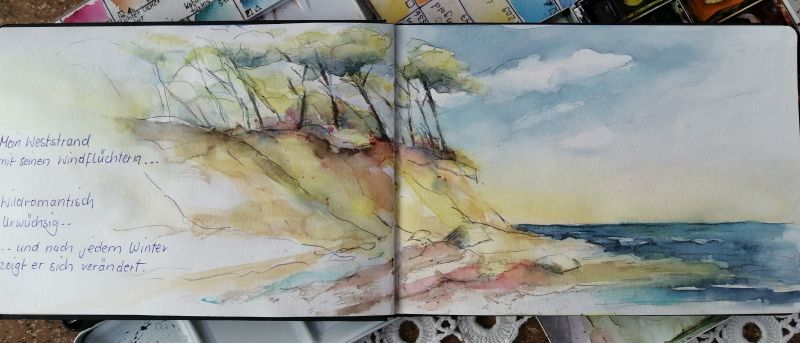 Das Foto zeigt eine Aquarellskizze der Steilküste mit Windflüchtern am Darßer Weststrand