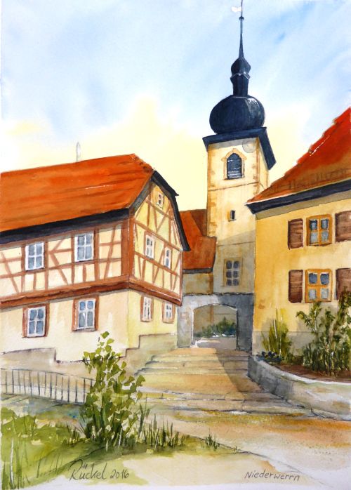 Das Aquarell zeigt die evangelische Dorfkirche in Niederwerrn