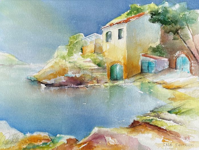 Das Aquarell zeigt eine kleine Bucht mit Haus auf Mallorca