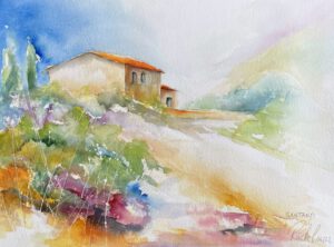 Das Aquarell zeigt ein Landhaus auf Mallorca