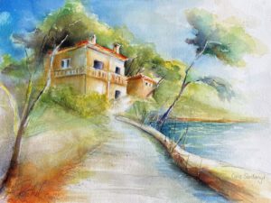 Das Aquarell zeigt eineVilla auf Mallorca