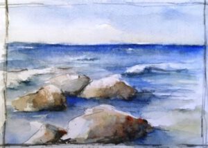 Das Bild zeigt eine Aquarellskizze vom Meer und im Vordergrund liegen große Steine