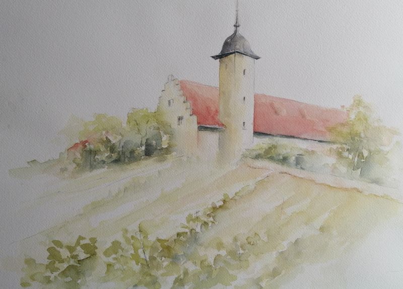 Das Bild zeigt die Entstehung eines Aquarells der Hallburg