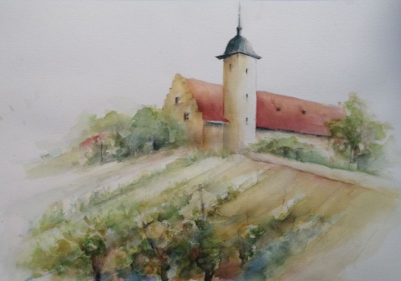 Das Bild zeigt die Entstehung eines Aquarells der Hallburg