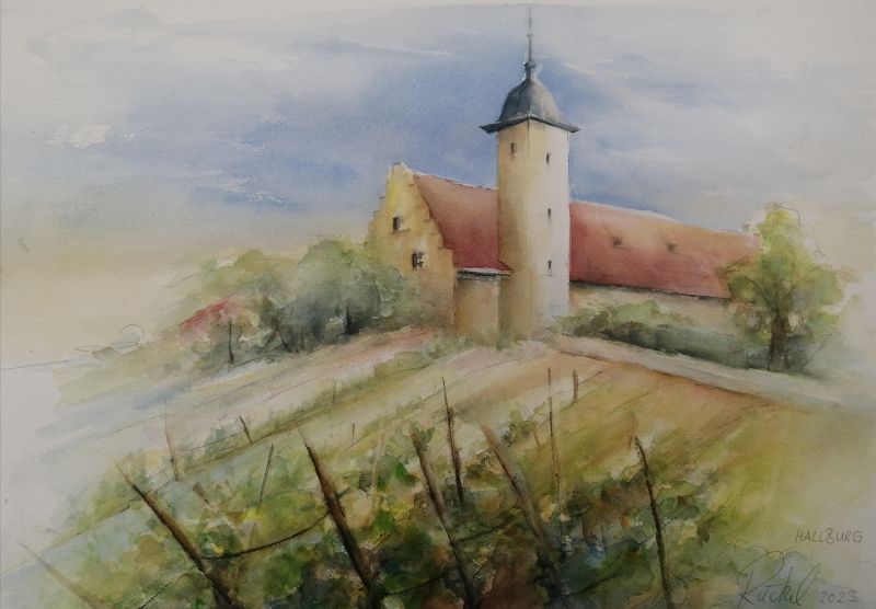 Das Bild zeigt die Entstehung eines Aquarells der Hallburg, hier das fertige Bild