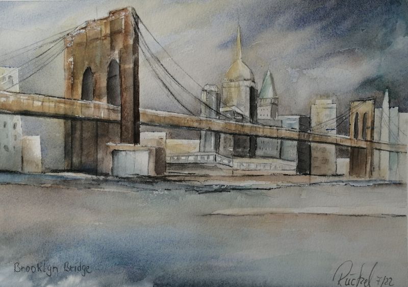 Das Aquarell zeigt die Brooklyn Bridge