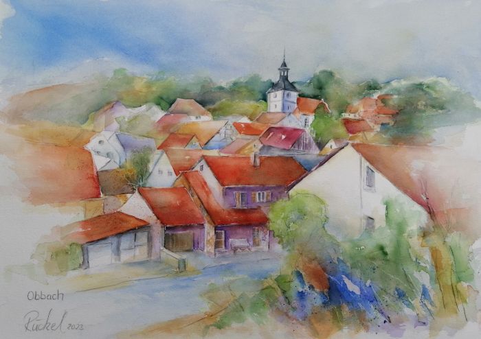 Das Aquarell zeigt eine Ortsansicht von Obbach