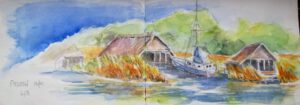 Das Bild zeigt ein Aquarell der Bootshäuser im Hafen von Prerow